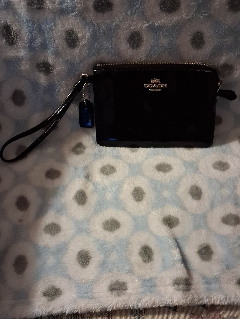 Coach Black Patent Leather Wristlet with Silver Hardware